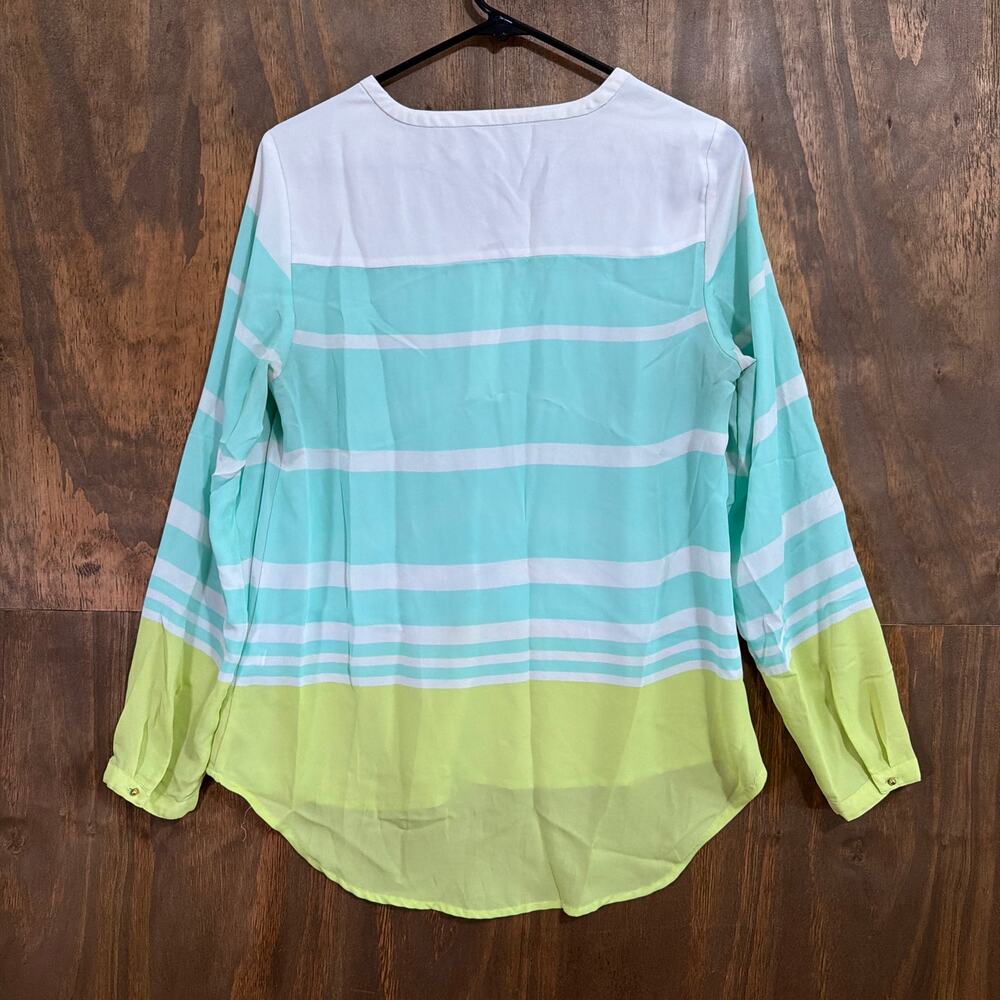 Lauren Conrad Womens Blouse Multicolored Colorblock V Neck Long Sleeve Sheer M - Picture 10 of 11